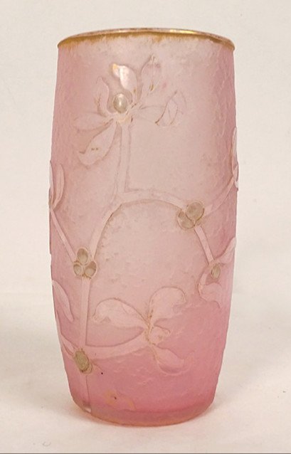 Petit Vase Verre Givré Doré Décor Gui Daum Nancy Art Nouveau Fin XIXème