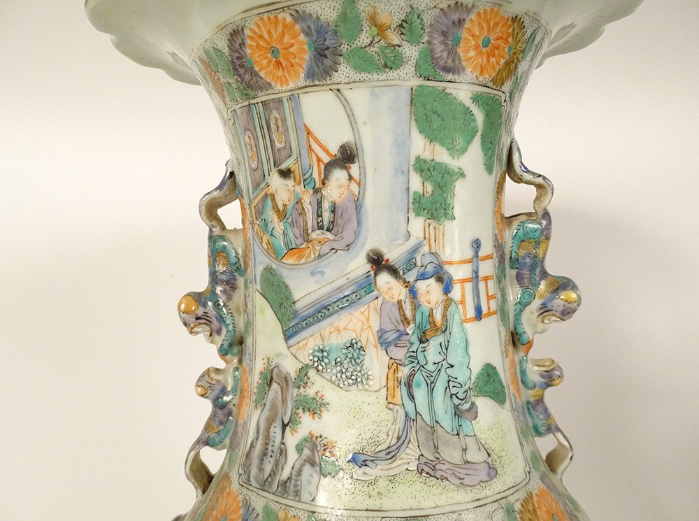 Paire Grands Vases Porcelaine Chine Famille Verte Scène Palais Dragons XIXè-photo-5