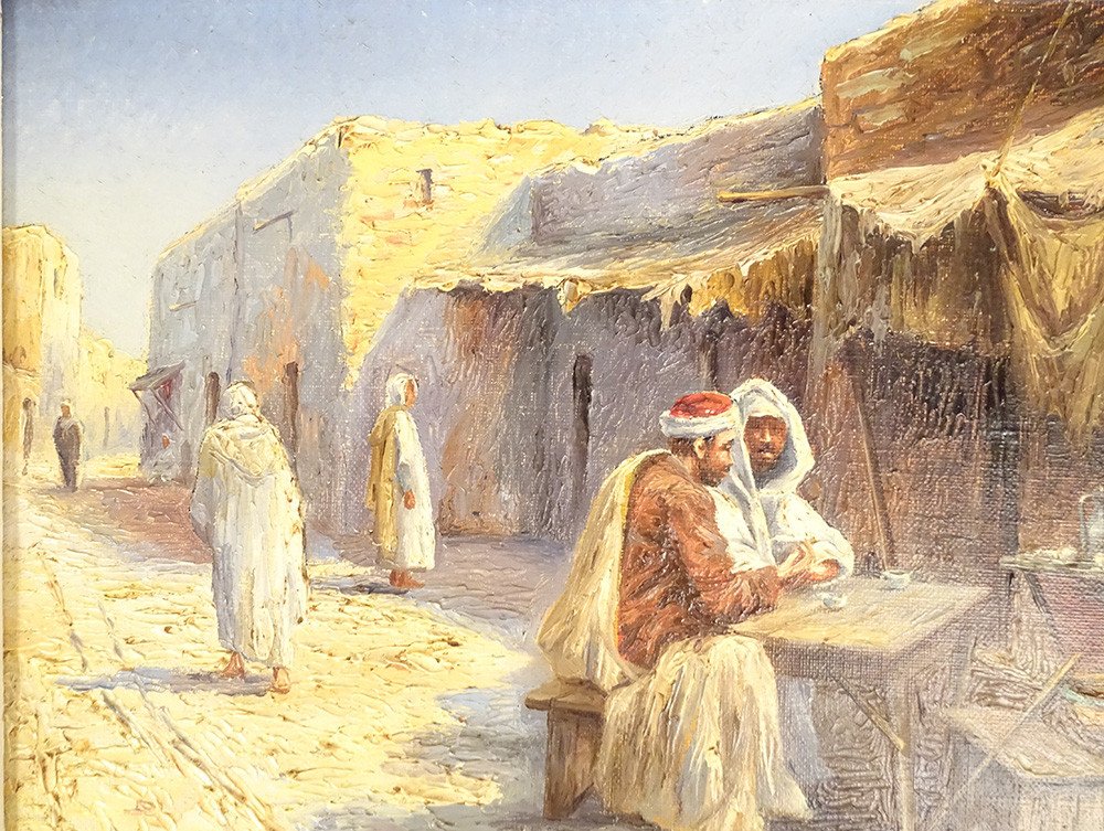 Hst Orientalist Painting Louis Cadierra Moorish Café Maghreb Village Tunisia-photo-1