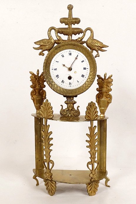 Empire Portico Clock Gilt Bronze Palmettes Swans Fountain 19th Century