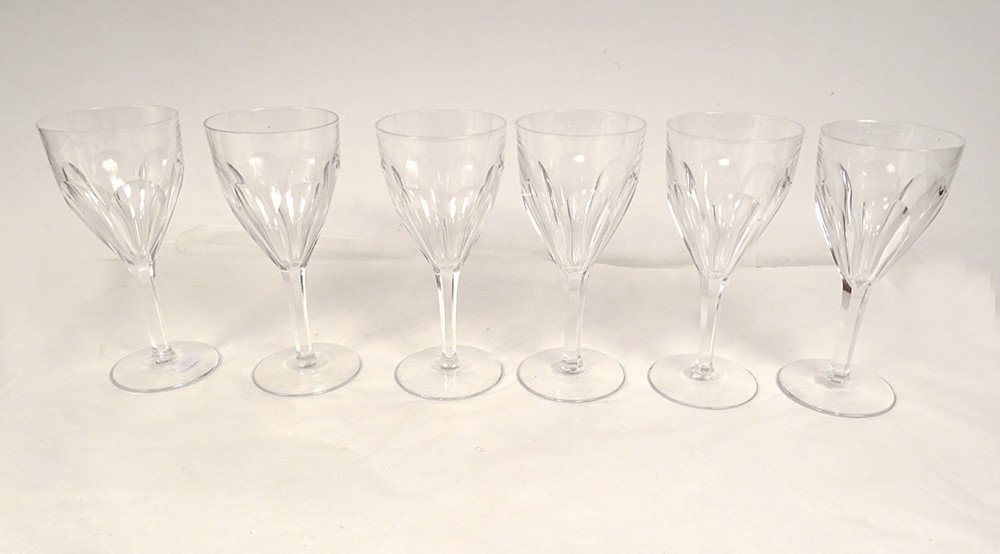 6 Verres à Pied à Eau Cristal Taillé Saint-Louis Modèle Bristol XXè Siècle