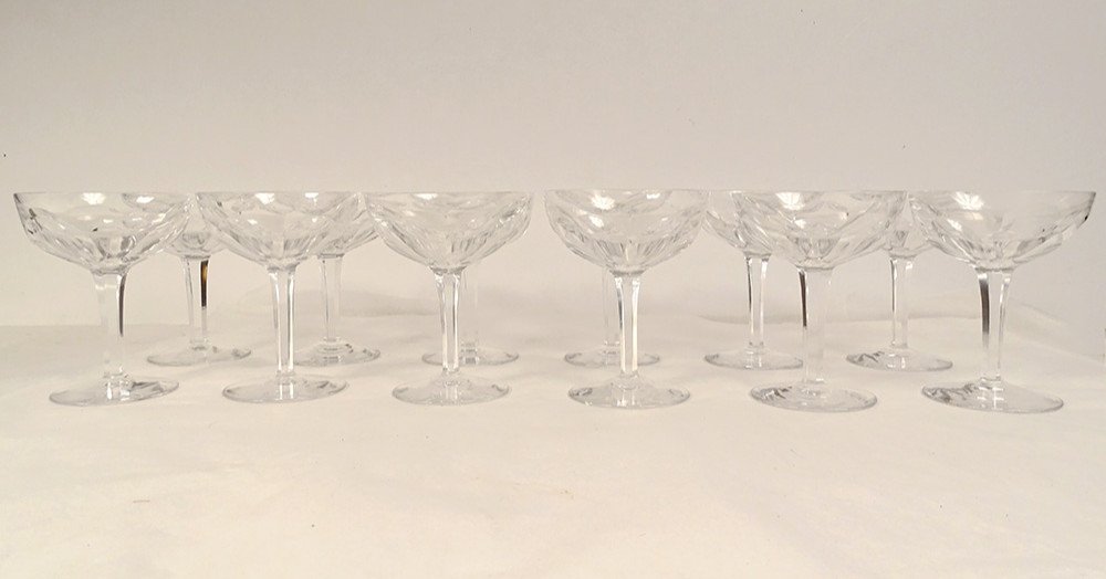 12 Saint-louis Cut Crystal Champagne Glasses Bristol Model 20th Century