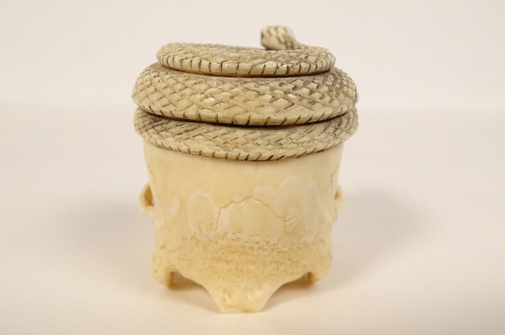 Okimono Ivory Carved Skull Vanity Snake Japan Meiji 19th Century-photo-2