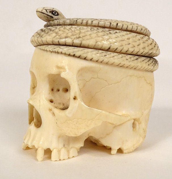 Okimono Ivory Carved Skull Vanity Snake Japan Meiji 19th Century