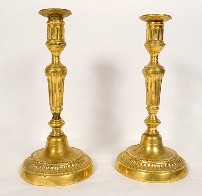 Paire Bougeoirs Louis XVI Flambeaux Bronze Doré Monogrammme Dd XIXè Siècle