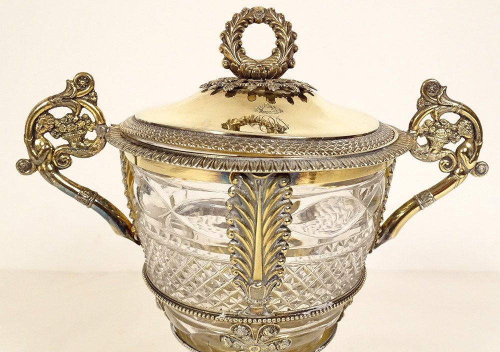 Sugar Bowl Restoration Silver Vermeil Old Man Palmettes Flowers Crystal 19th Century-photo-2