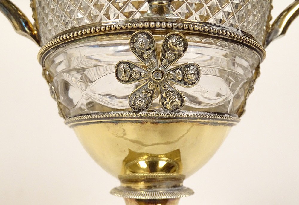 Sugar Bowl Restoration Silver Vermeil Old Man Palmettes Flowers Crystal 19th Century-photo-1