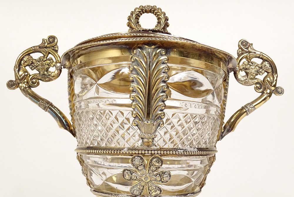 Sugar Bowl Restoration Silver Vermeil Old Man Palmettes Flowers Crystal 19th Century-photo-2