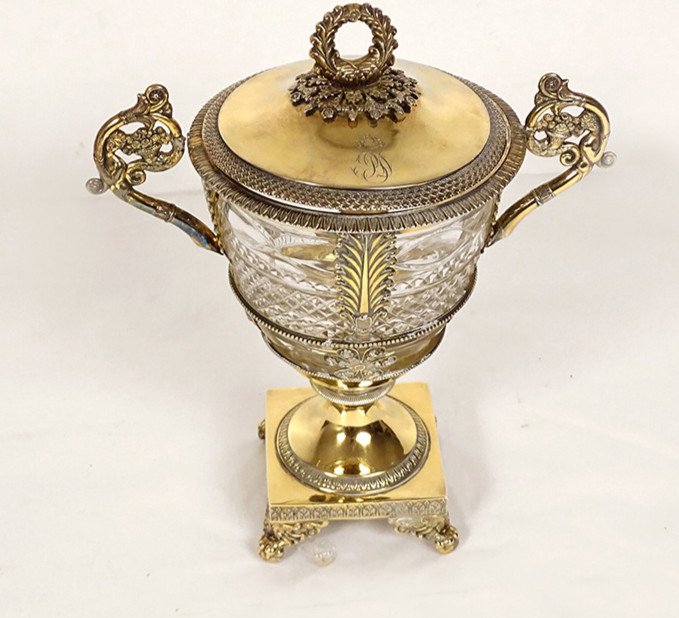 Sugar Bowl Restoration Silver Vermeil Old Man Palmettes Flowers Crystal 19th Century