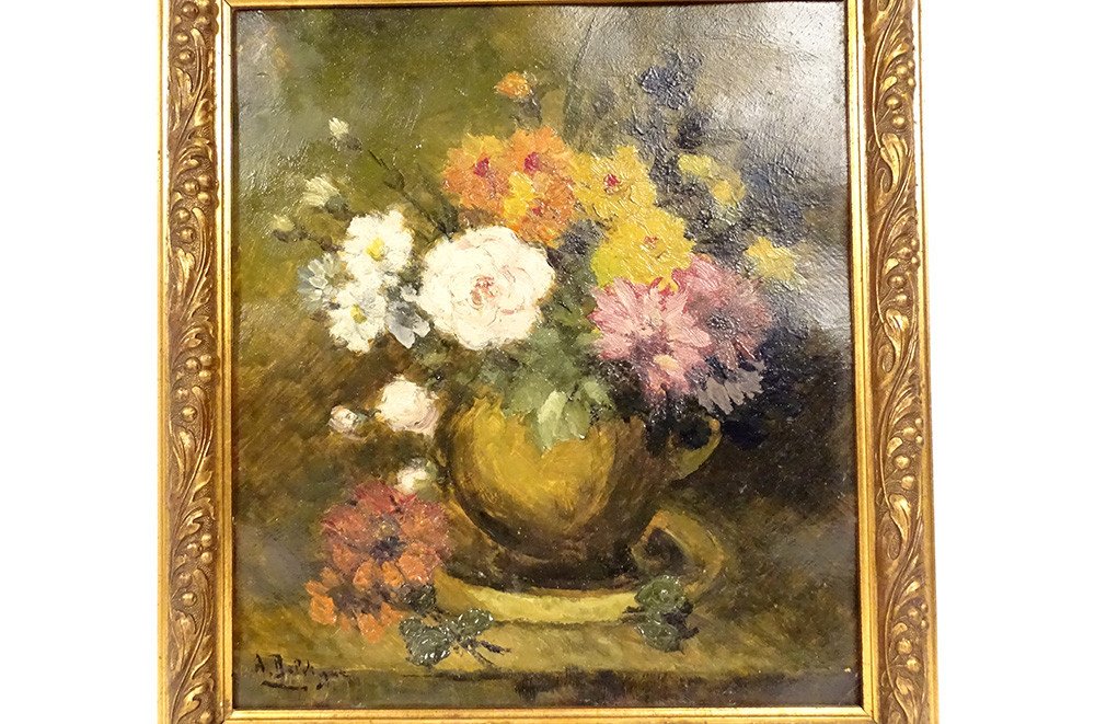 Hsp Painting A. Delvigne Still Life Bouquet Of Flowers Golden Frame 19th Century-photo-2