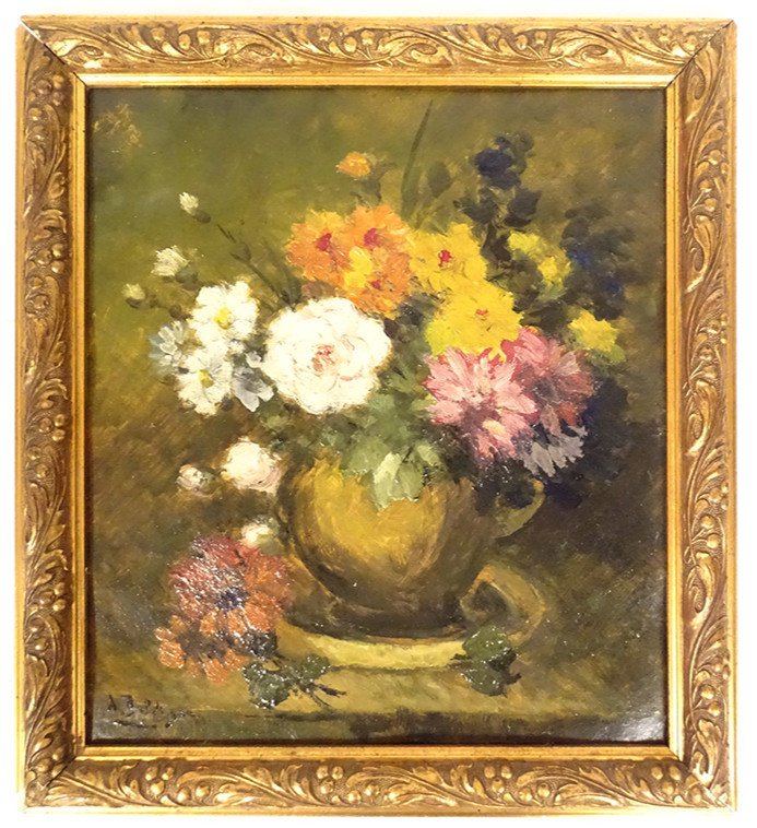 Hsp Painting A. Delvigne Still Life Bouquet Of Flowers Golden Frame 19th Century