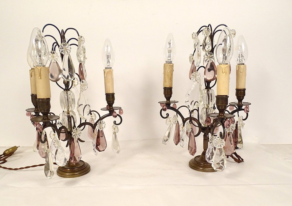 Pair Of 3-light Girandoles With Cut Crystal Flower Tassels, Bronze, 19th Century-photo-2