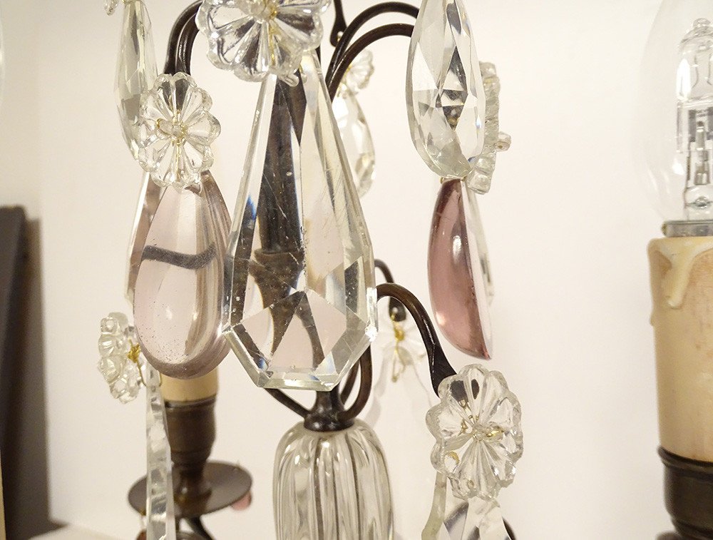 Pair Of 3-light Girandoles With Cut Crystal Flower Tassels, Bronze, 19th Century-photo-5