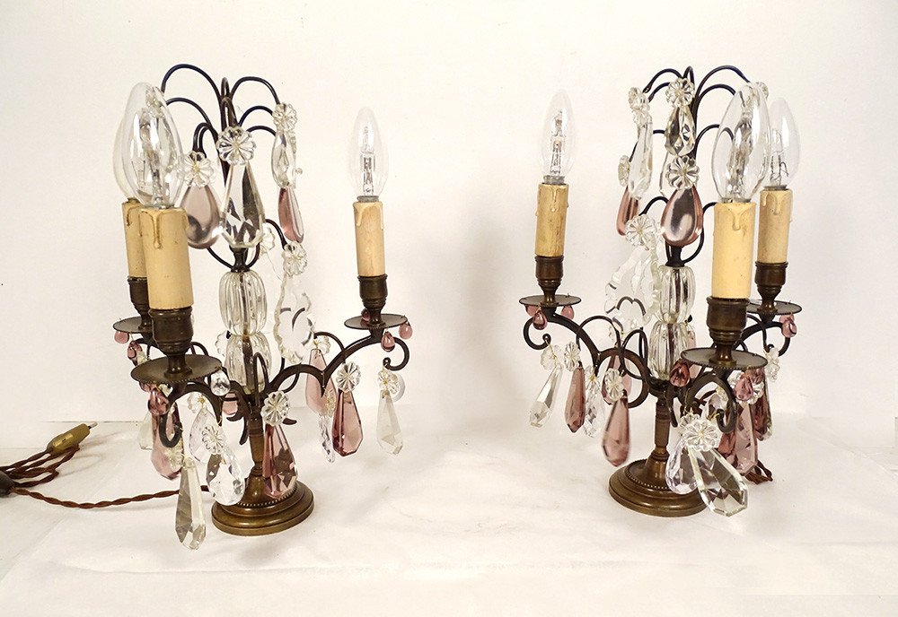 Pair Of 3-light Girandoles With Cut Crystal Flower Tassels, Bronze, 19th Century