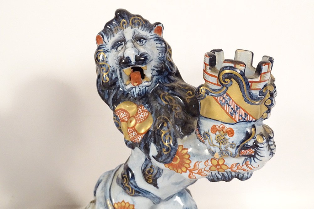 Pair Of Emile Gallé Nancy Earthenware Candlesticks Lions Imari Decor 19th Century-photo-2