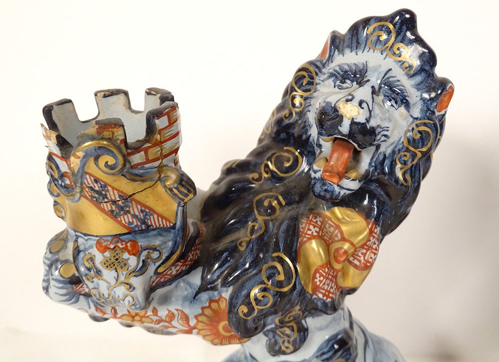 Pair Of Emile Gallé Nancy Earthenware Candlesticks Lions Imari Decor 19th Century-photo-3