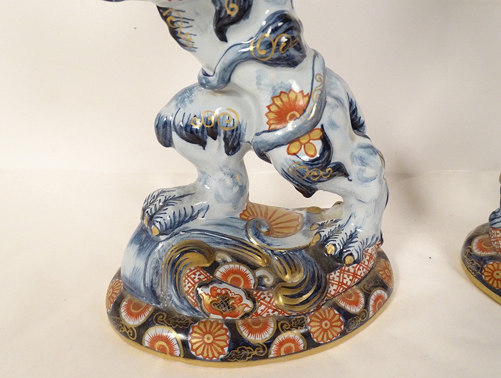 Pair Of Emile Gallé Nancy Earthenware Candlesticks Lions Imari Decor 19th Century-photo-4