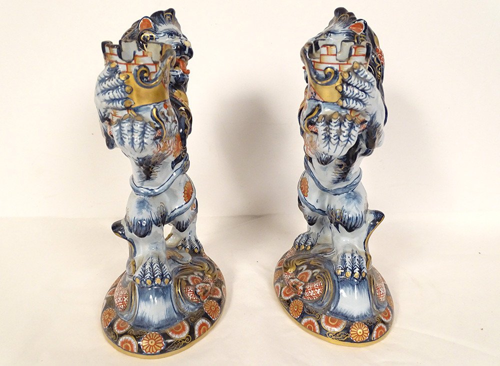 Pair Of Emile Gallé Nancy Earthenware Candlesticks Lions Imari Decor 19th Century-photo-1