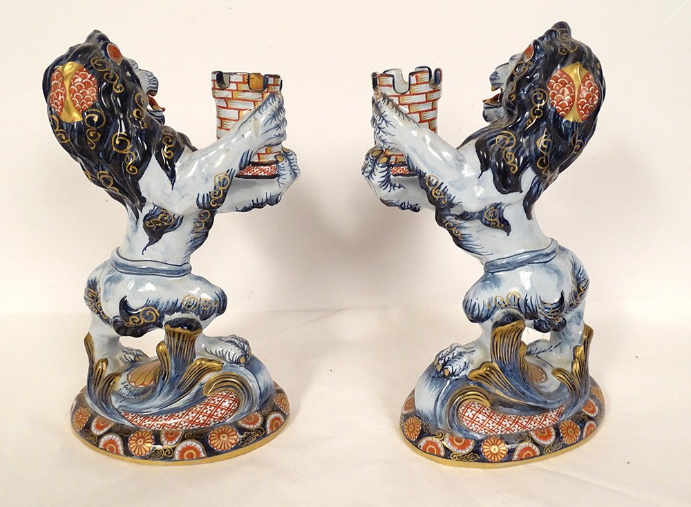 Pair Of Emile Gallé Nancy Earthenware Candlesticks Lions Imari Decor 19th Century-photo-5