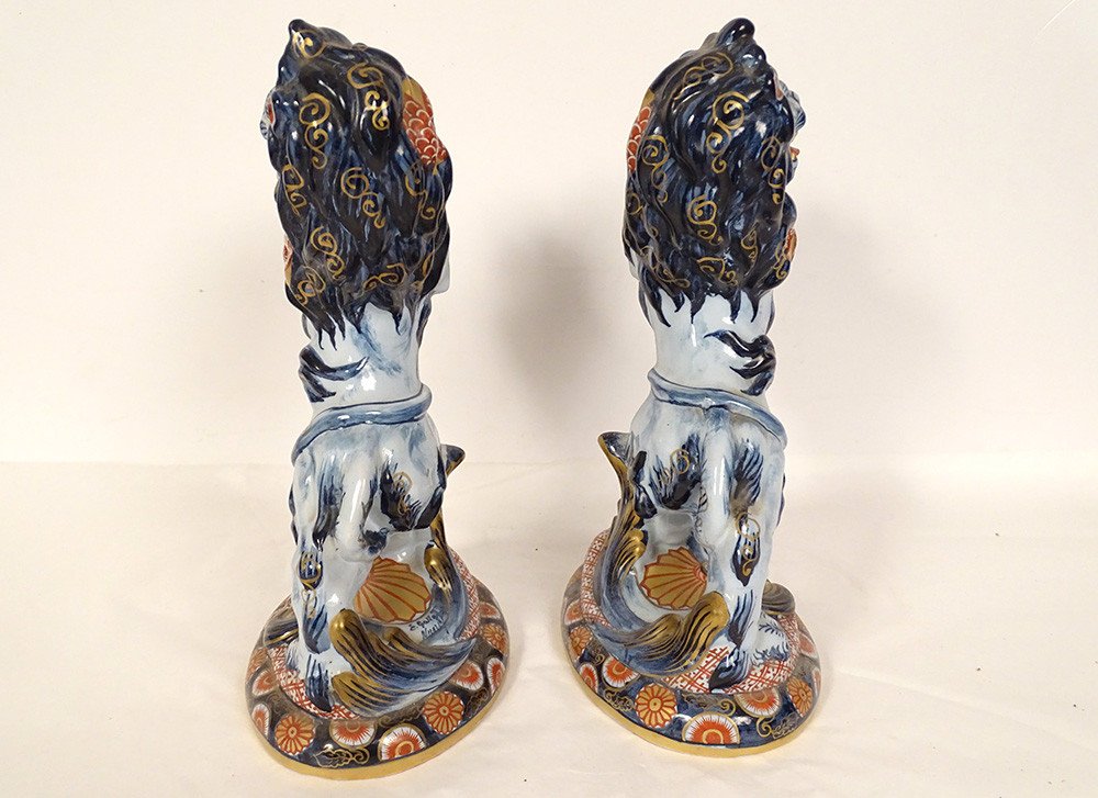 Pair Of Emile Gallé Nancy Earthenware Candlesticks Lions Imari Decor 19th Century-photo-7