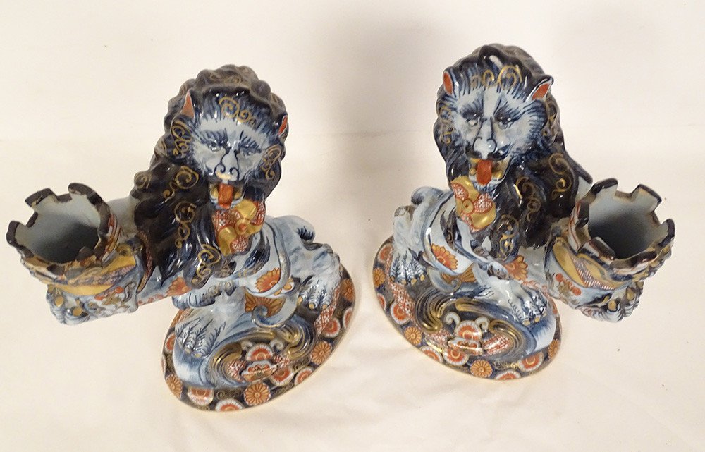 Pair Of Emile Gallé Nancy Earthenware Candlesticks Lions Imari Decor 19th Century-photo-8