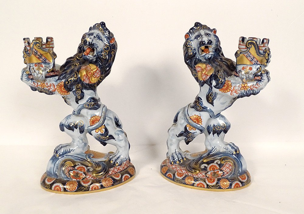 Pair Of Emile Gallé Nancy Earthenware Candlesticks Lions Imari Decor 19th Century