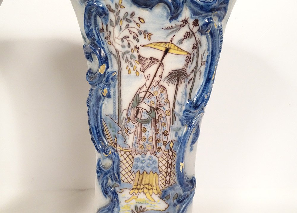 Pair Of Delft Earthenware Vases Chinese Decor Landscape Flowers Pagodas 18th Century-photo-3