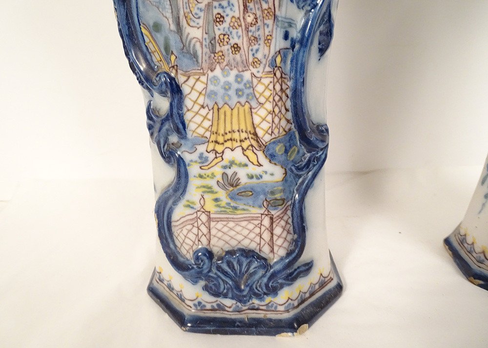 Pair Of Delft Earthenware Vases Chinese Decor Landscape Flowers Pagodas 18th Century-photo-4