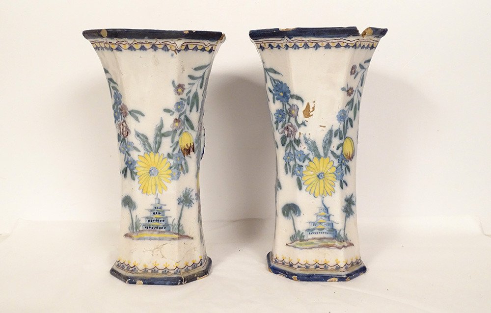 Pair Of Delft Earthenware Vases Chinese Decor Landscape Flowers Pagodas 18th Century-photo-2