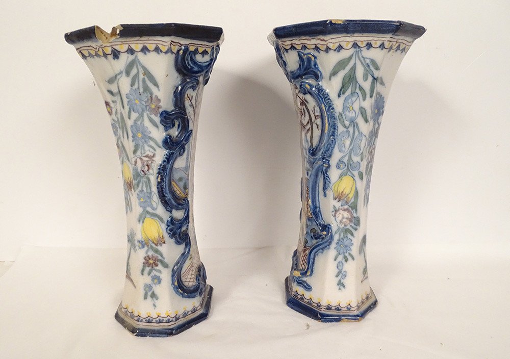 Pair Of Delft Earthenware Vases Chinese Decor Landscape Flowers Pagodas 18th Century-photo-3