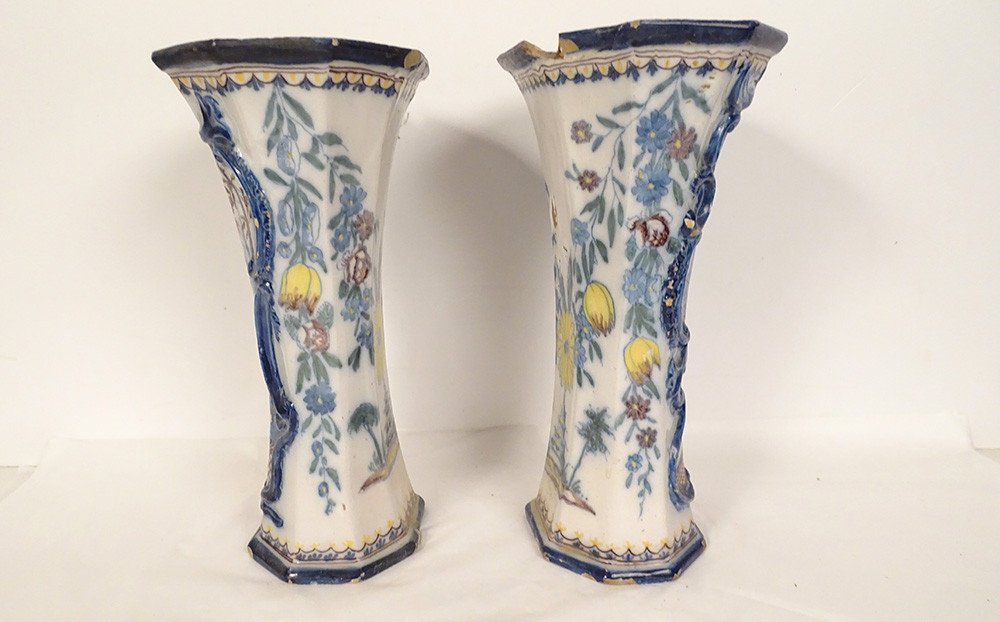 Pair Of Delft Earthenware Vases Chinese Decor Landscape Flowers Pagodas 18th Century-photo-4