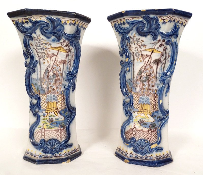 Pair Of Delft Earthenware Vases Chinese Decor Landscape Flowers Pagodas 18th Century