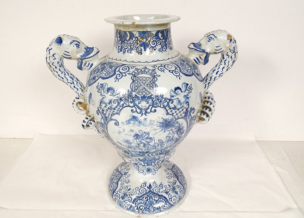 Vase Pot Couvert Faïence Style Delft Armoiries Blason Camaïeu Bleu XIXème-photo-4