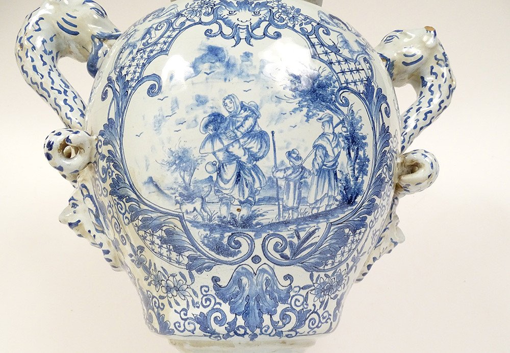 Vase Pot Couvert Faïence Style Delft Armoiries Blason Camaïeu Bleu XIXème-photo-6