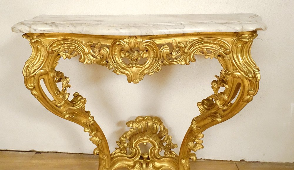 Louis XV Console Gilded Carved Wood Rocaille Shells White Marble 18th Century-photo-2