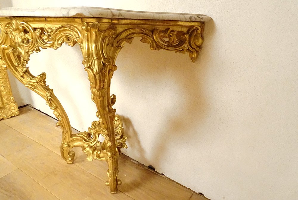 Louis XV Console Gilded Carved Wood Rocaille Shells White Marble 18th Century-photo-2