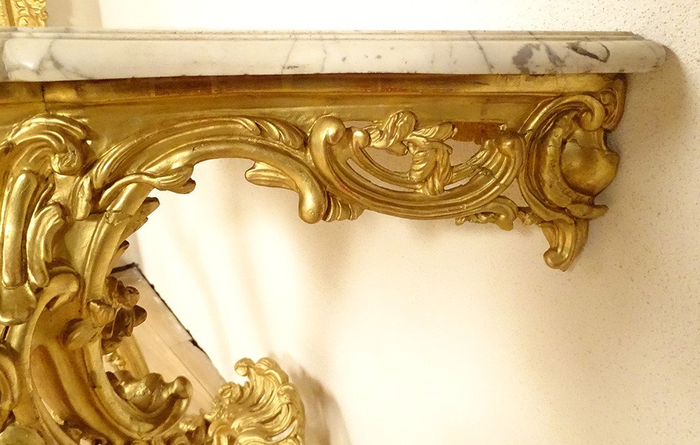 Louis XV Console Gilded Carved Wood Rocaille Shells White Marble 18th Century-photo-3