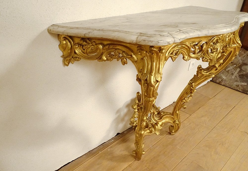 Console Louis XV Bois Sculpté Doré Rocaille Coquilles Marbre Blanc XVIIIème-photo-4