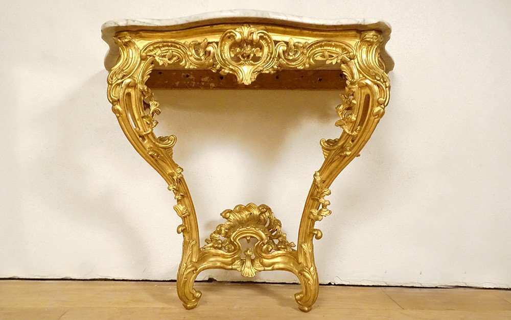 Louis XV Console Gilded Carved Wood Rocaille Shells White Marble 18th Century-photo-5