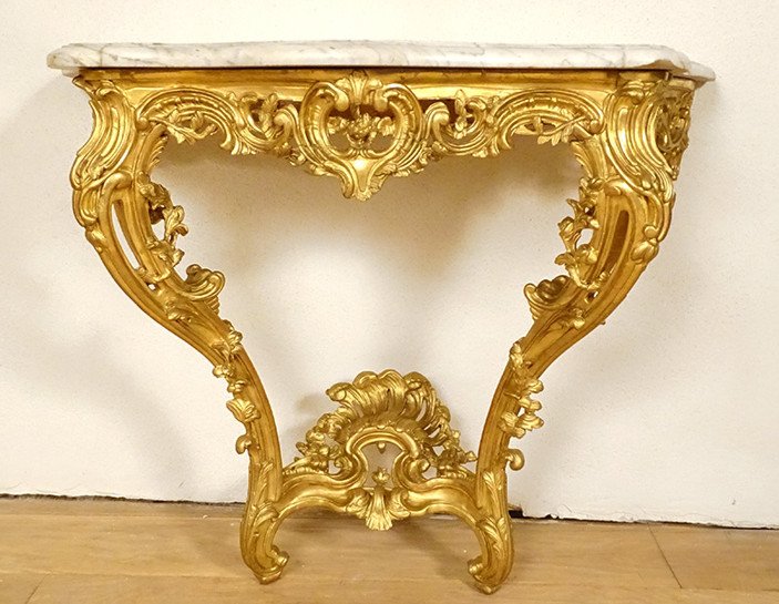 Console Louis XV Bois Sculpté Doré Rocaille Coquilles Marbre Blanc XVIIIème