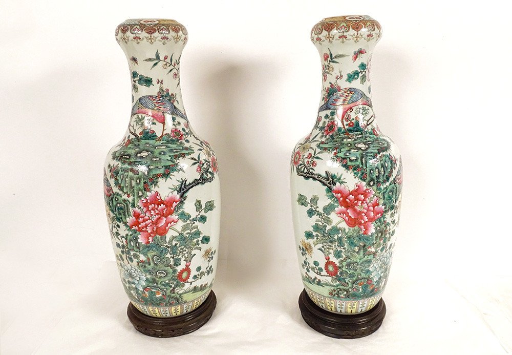 Paire Vases Balustres Porcelaine Chinoise Oiseaux Pivoines Qianlong Fin 19è-photo-2