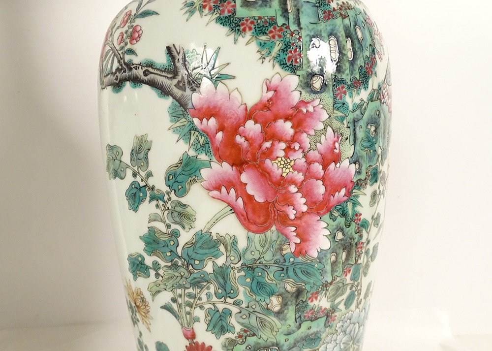 Paire Vases Balustres Porcelaine Chinoise Oiseaux Pivoines Qianlong Fin 19è-photo-3