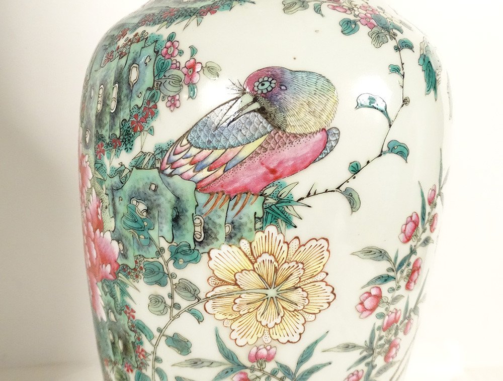 Paire Vases Balustres Porcelaine Chinoise Oiseaux Pivoines Qianlong Fin 19è-photo-1