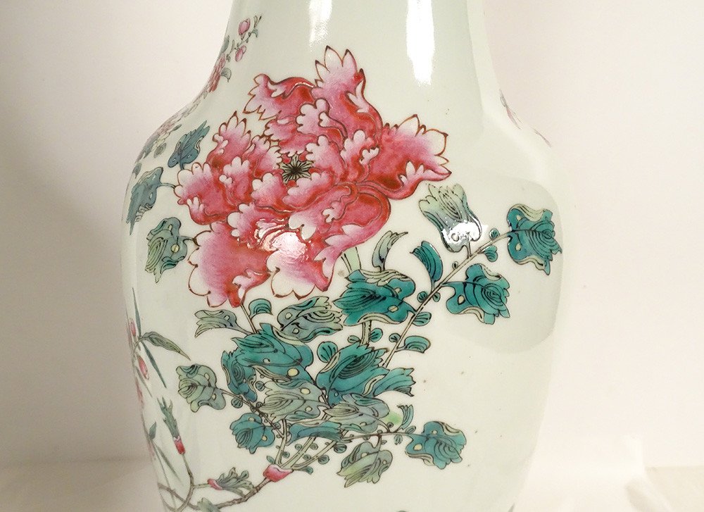 Paire Vases Balustres Porcelaine Chinoise Oiseaux Pivoines Qianlong Fin 19è-photo-3