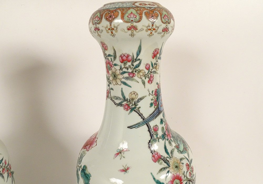 Paire Vases Balustres Porcelaine Chinoise Oiseaux Pivoines Qianlong Fin 19è-photo-4