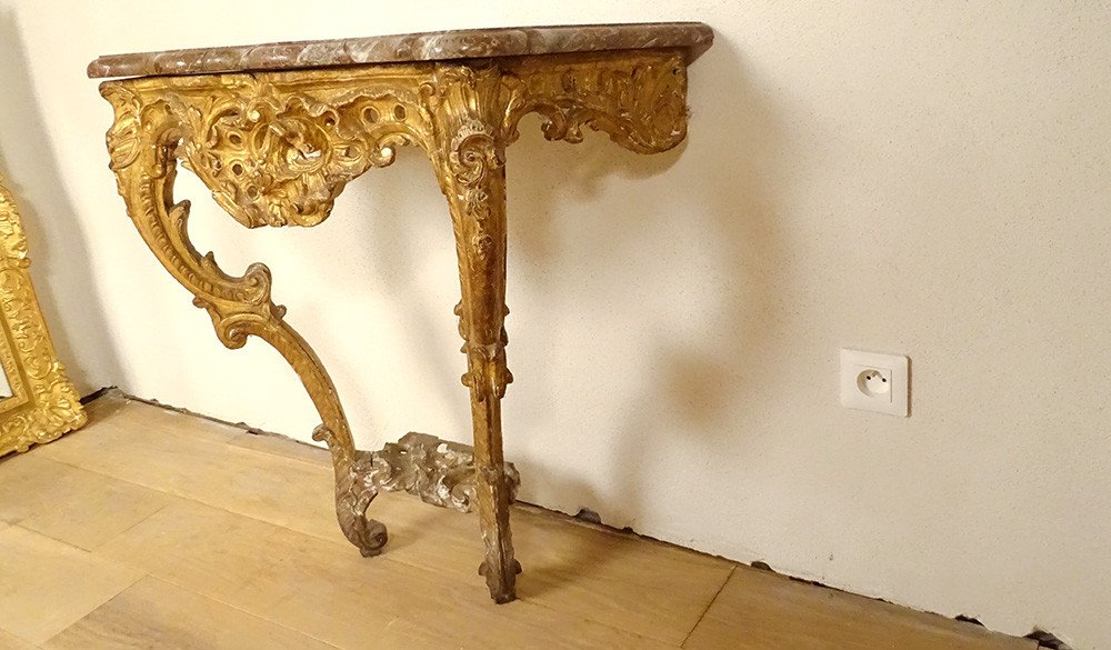 Console Louis XV Bois Sculpté Doré Rocaille Coquille Marbre XVIIIème Siècle-photo-2