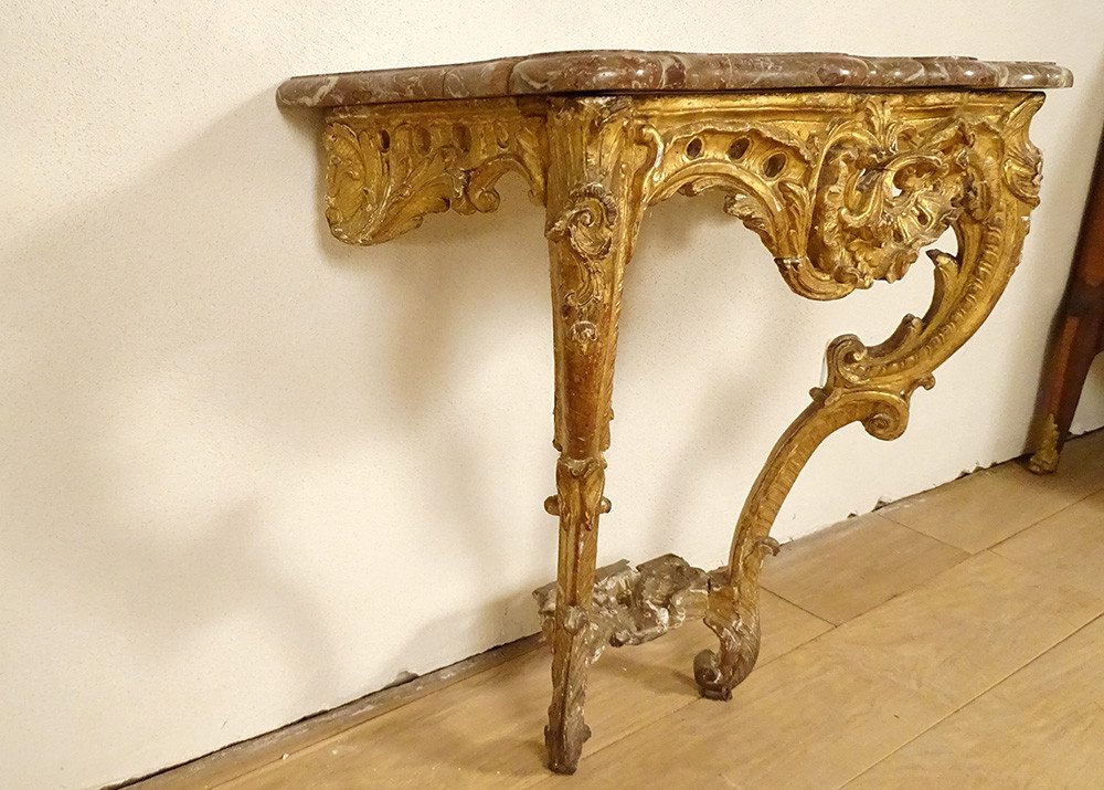 Console Louis XV Bois Sculpté Doré Rocaille Coquille Marbre XVIIIème Siècle-photo-3