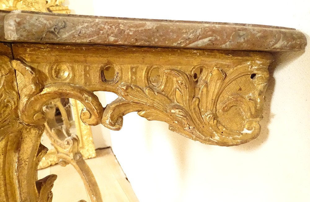 Console Louis XV Bois Sculpté Doré Rocaille Coquille Marbre XVIIIème Siècle-photo-4