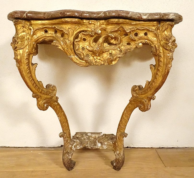 Console Louis XV Bois Sculpté Doré Rocaille Coquille Marbre XVIIIème Siècle