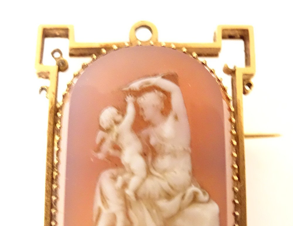 18 Carat Solid Gold Brooch Cameo Antique Woman Angelot Napoleon III 19th Century-photo-2